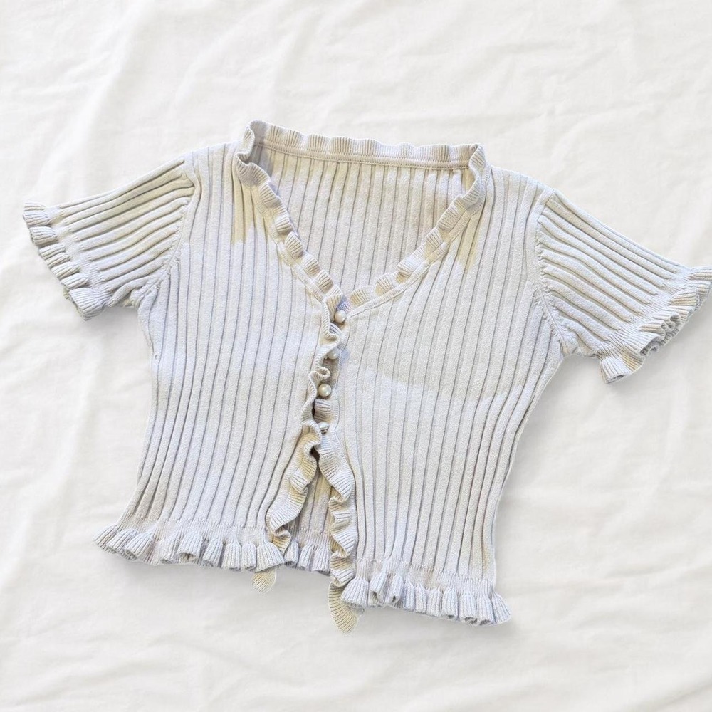 Coquette Cream Ruffle Ribbed Cardigan Top Pearl Button Short Sleeve Crop S